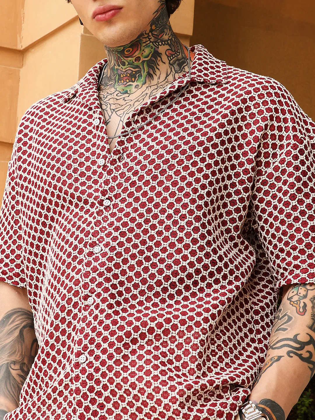 Geometric-Crochet Cuban Oversized Shirt - Image 7