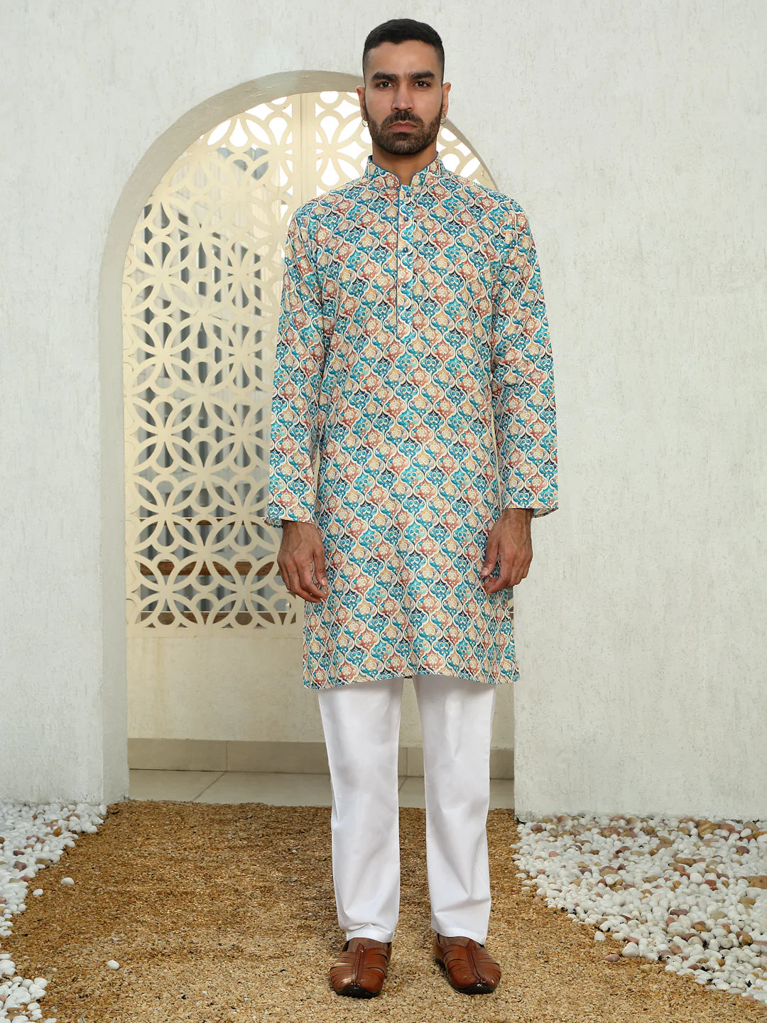 Geometric Print Straight Beige Blue Kurta with Contrast Blue Piping on Collar and white Elastic waistband Pyjama set - Image 6