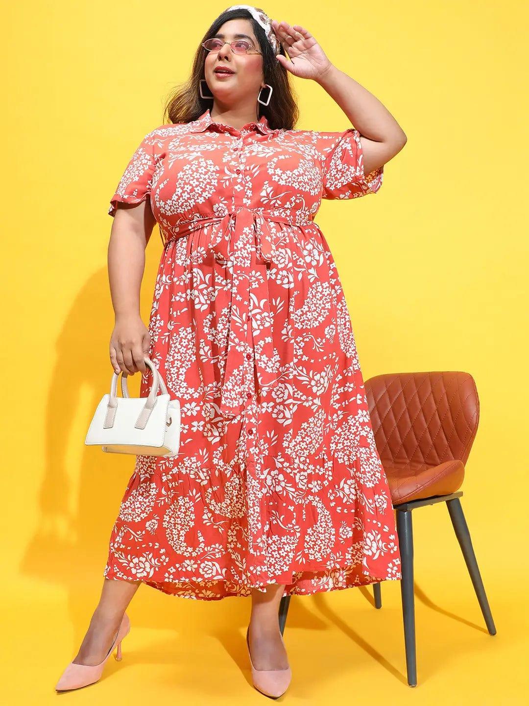 Glam Rust Floral Print Button Down Plus Size Curvy Dress - Image 7