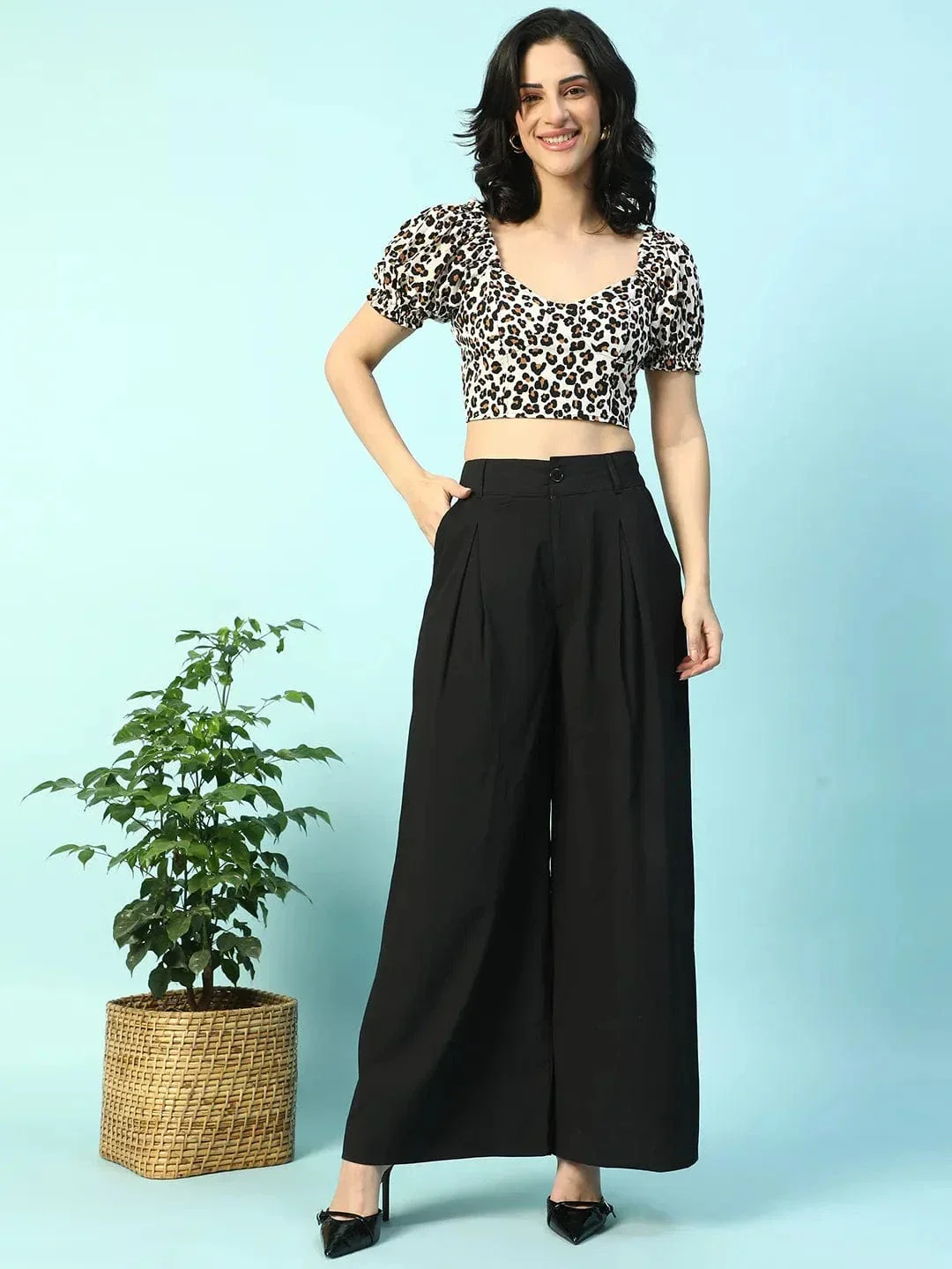 Glamify Black Floral Print Smocking Detail Women Crop Top - Image 2