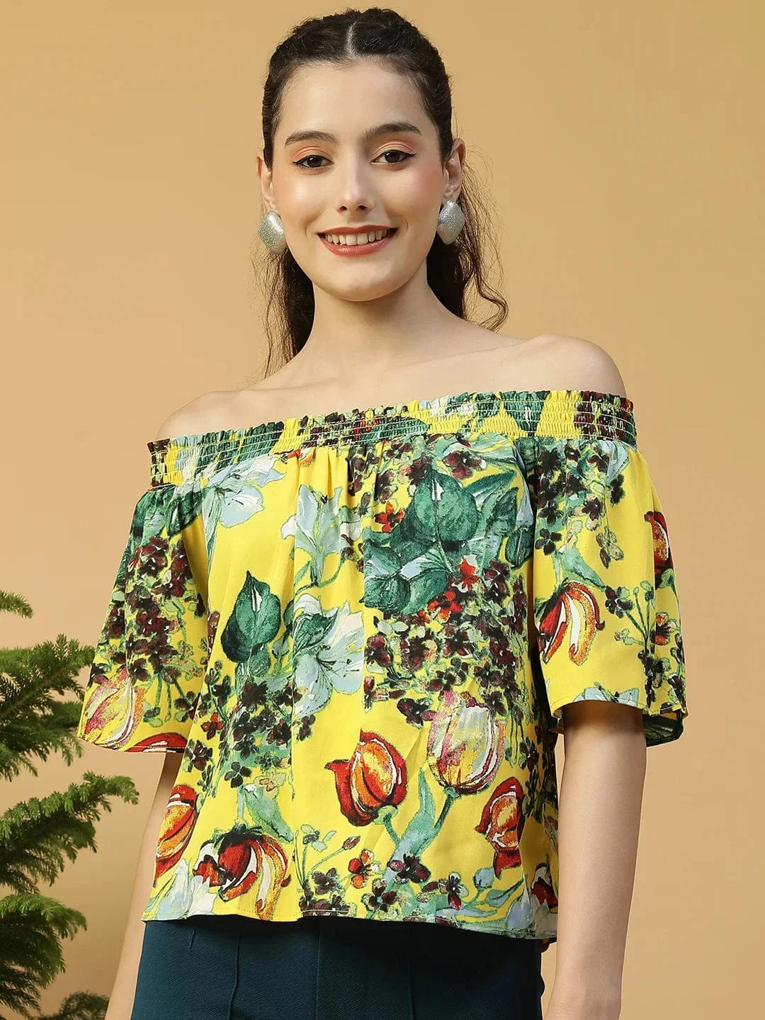 Glammed Yellow Floral Print Short Sleeve Women Off-Shoulder Top