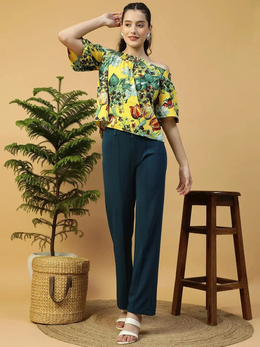 Glammed Yellow Floral Print Short Sleeve Women Off-Shoulder Top - Image 2