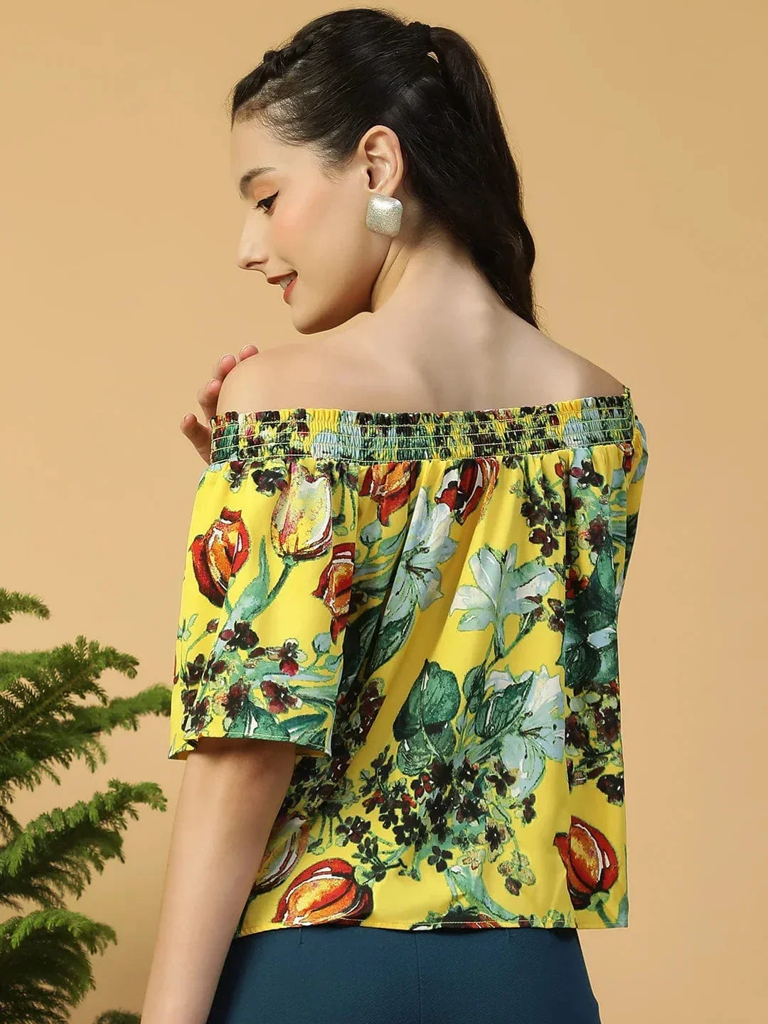Glammed Yellow Floral Print Short Sleeve Women Off-Shoulder Top - Image 5