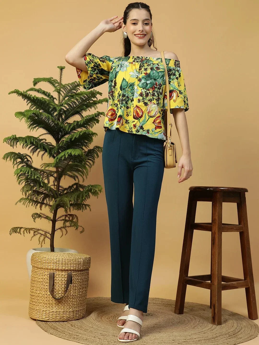 Glammed Yellow Floral Print Short Sleeve Women Off-Shoulder Top - Image 7
