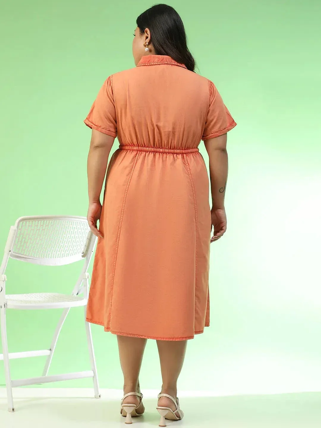 Glamoured Orange Collared Short Sleeve Elasticated Tie-Up Detail Button Down Plus Size Women Cotton Dress - Image 5