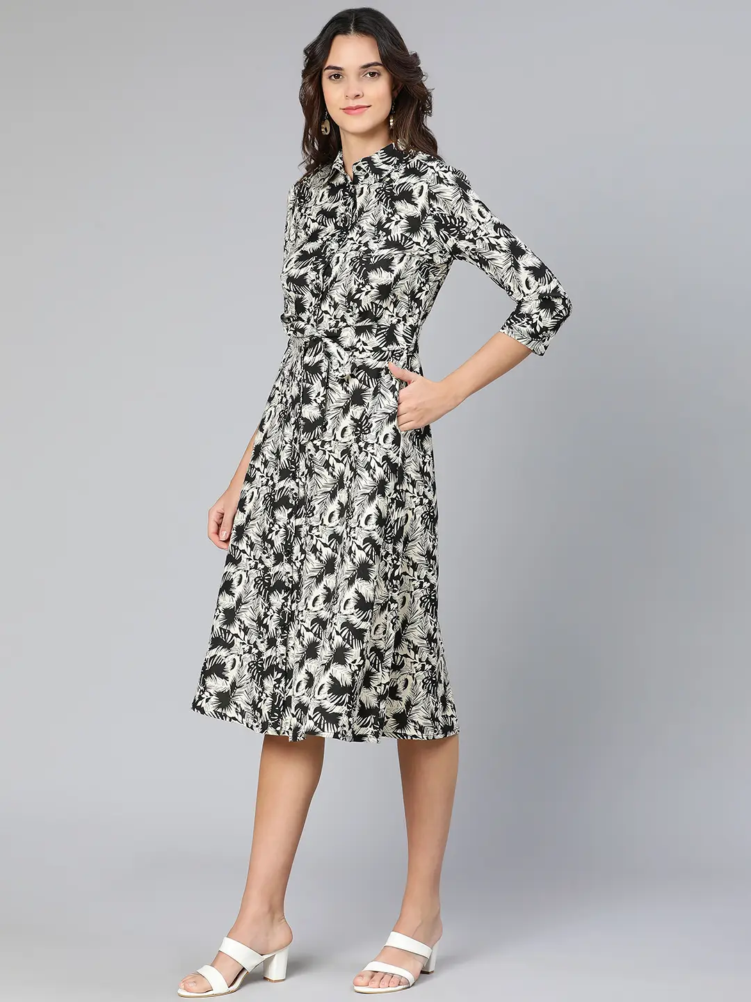 Glassed Black Floral Print Button-Dowm Women Dress - Image 3