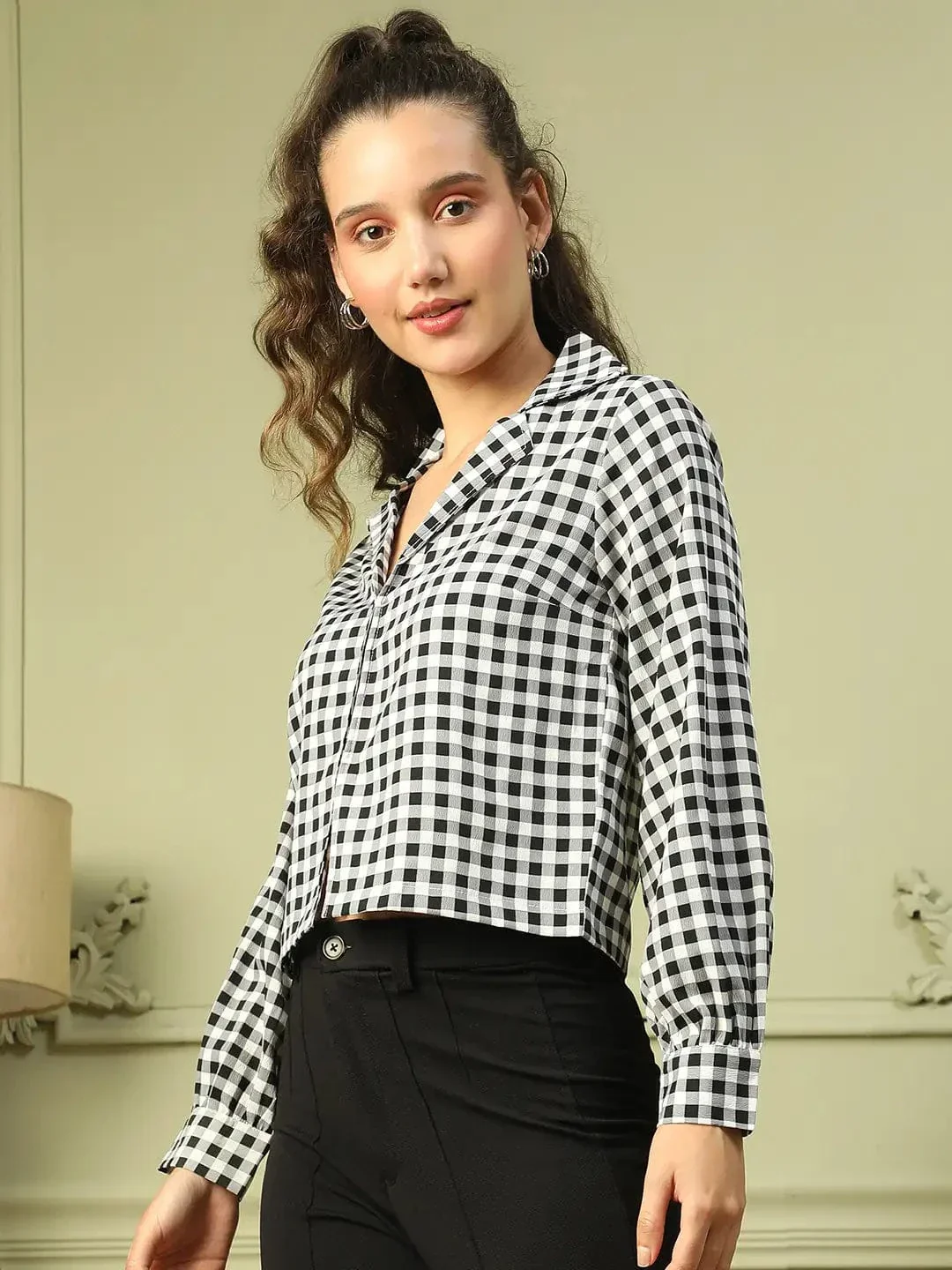 Gleam Black Check Print Long Sleeve Open Collared Button Down Women Crop Shirt - Image 3