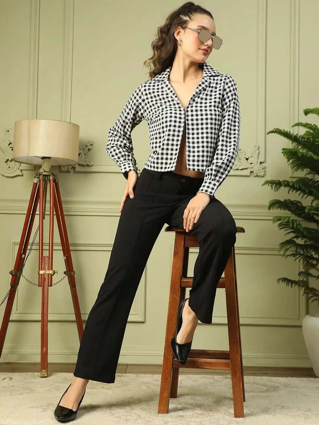 Gleam Black Check Print Long Sleeve Open Collared Button Down Women Crop Shirt - Image 7