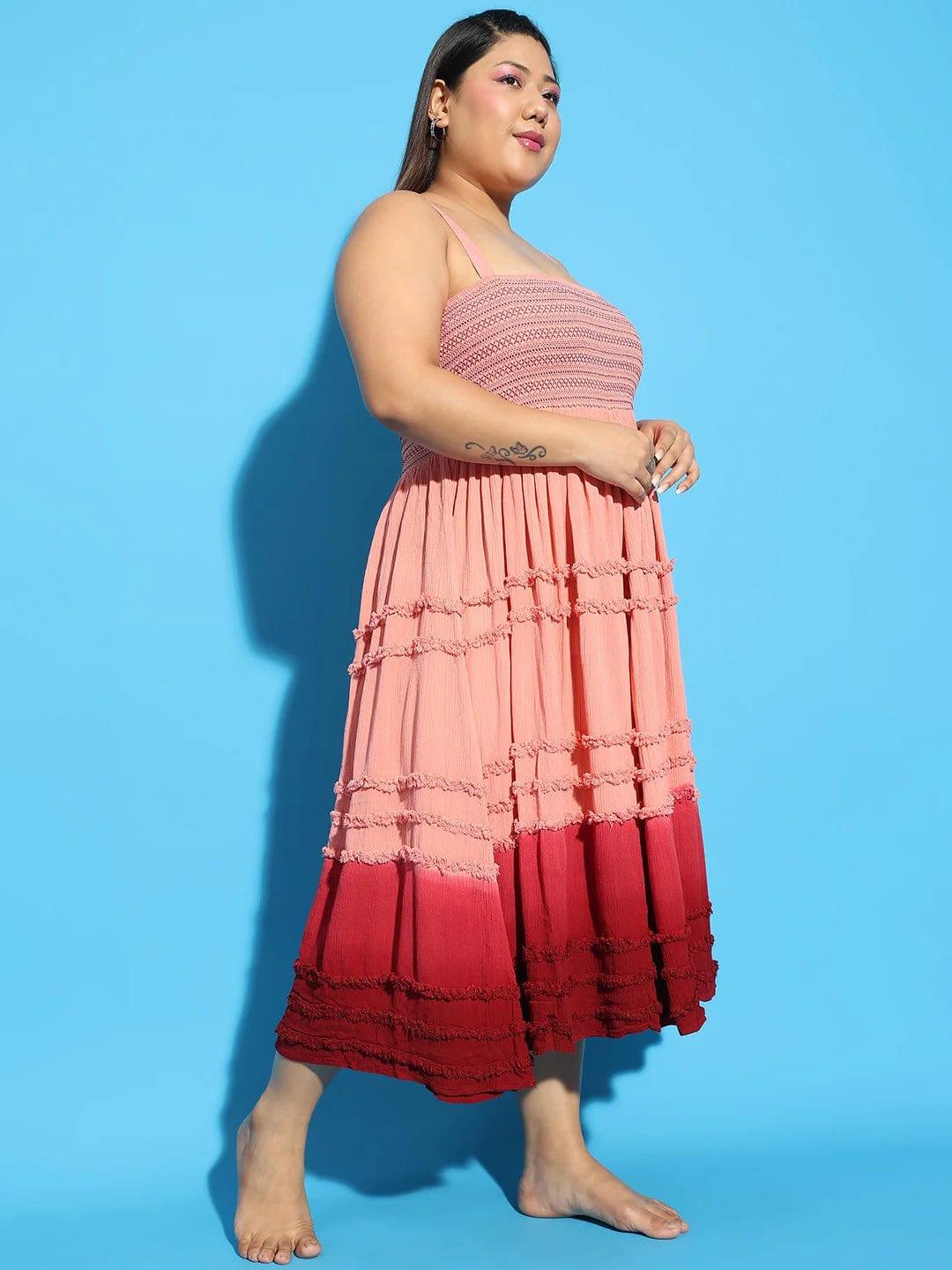 Glinting Pink Tie -Dye Ruffle Detail Smocked Plus Size Curvy Women Beachwear Dress - Image 3