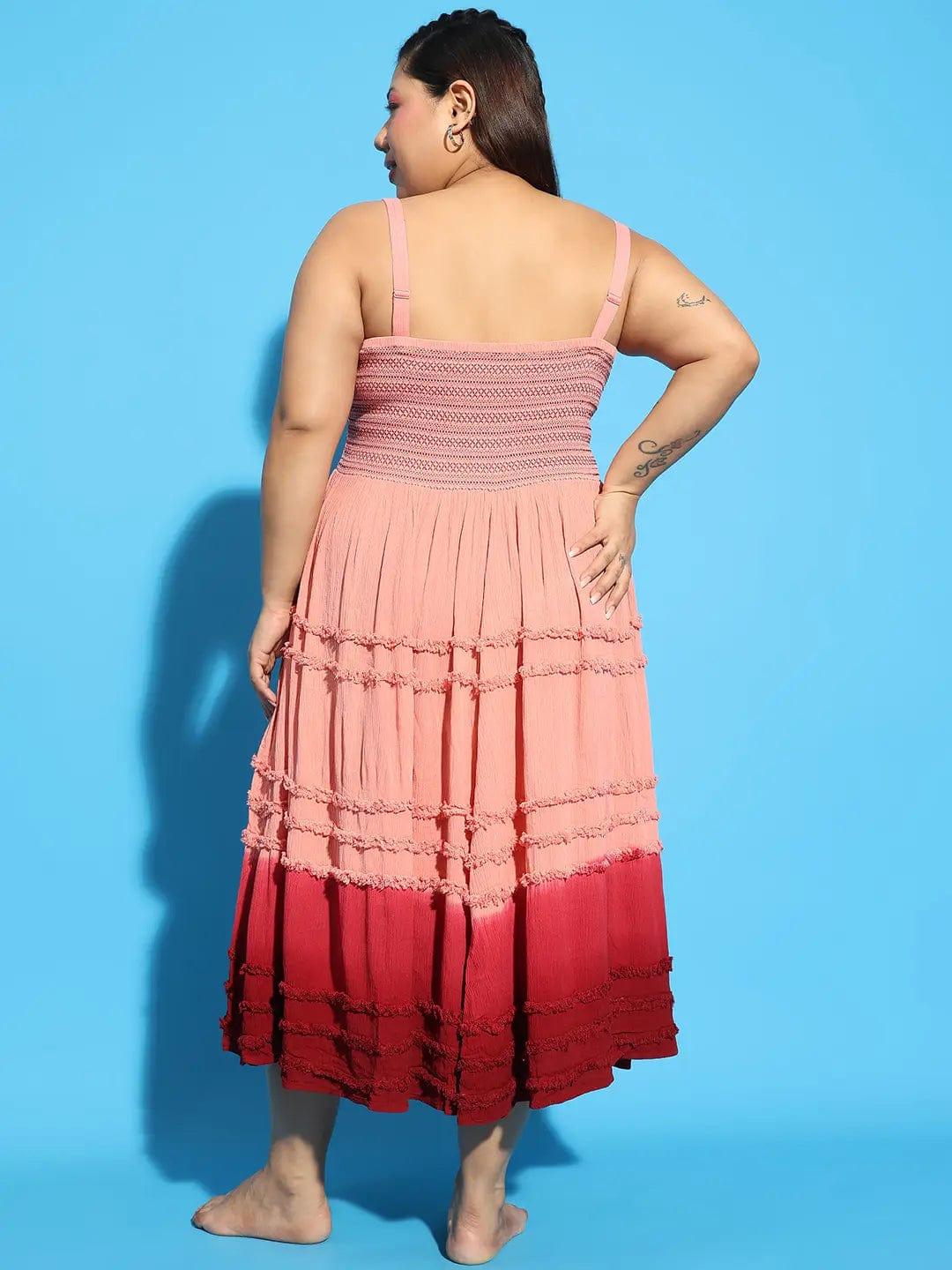 Glinting Pink Tie -Dye Ruffle Detail Smocked Plus Size Curvy Women Beachwear Dress - Image 6
