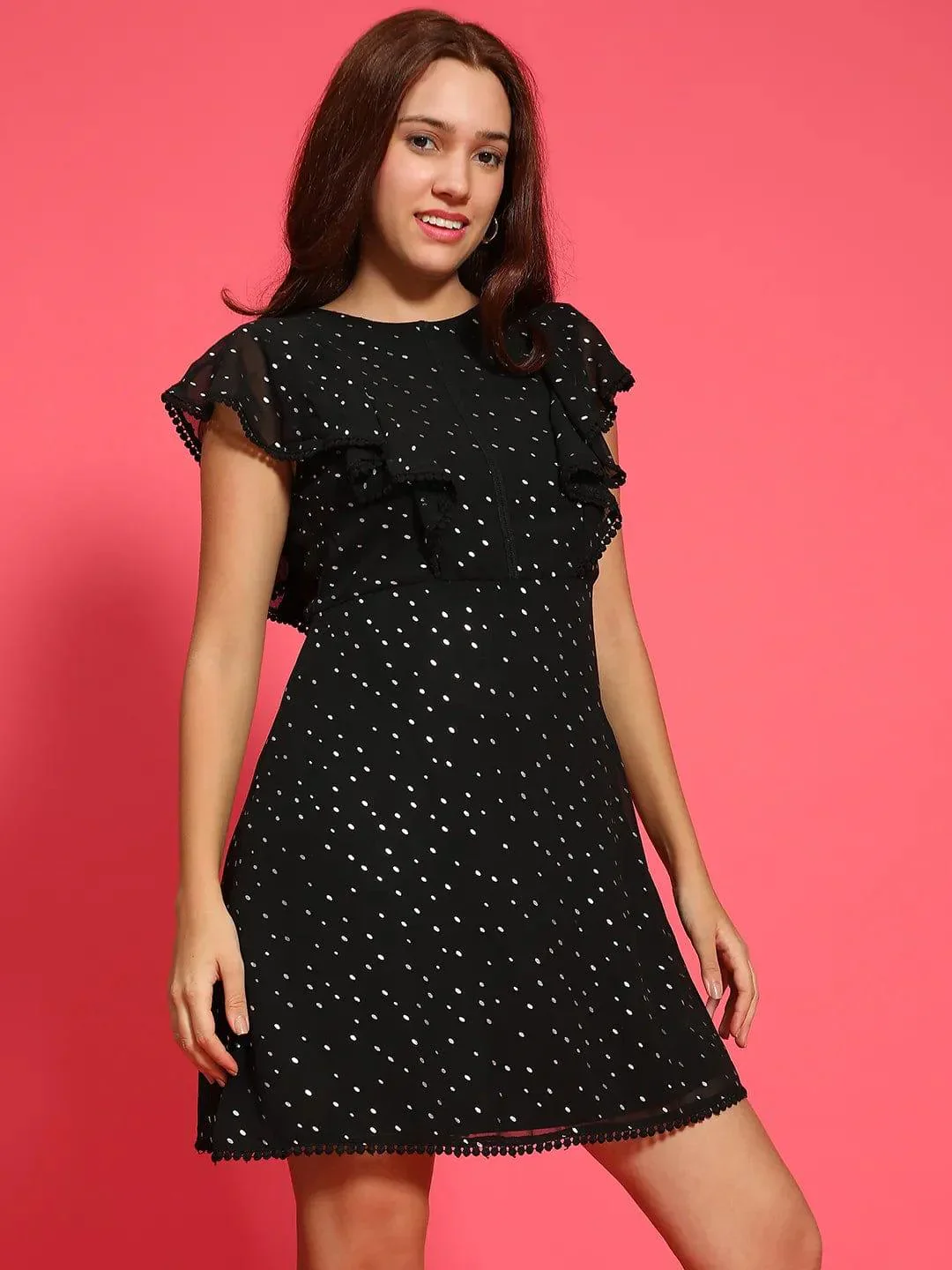 Glitter Black Short Sleeve Foil Print Knee Length Women Dress - Image 4
