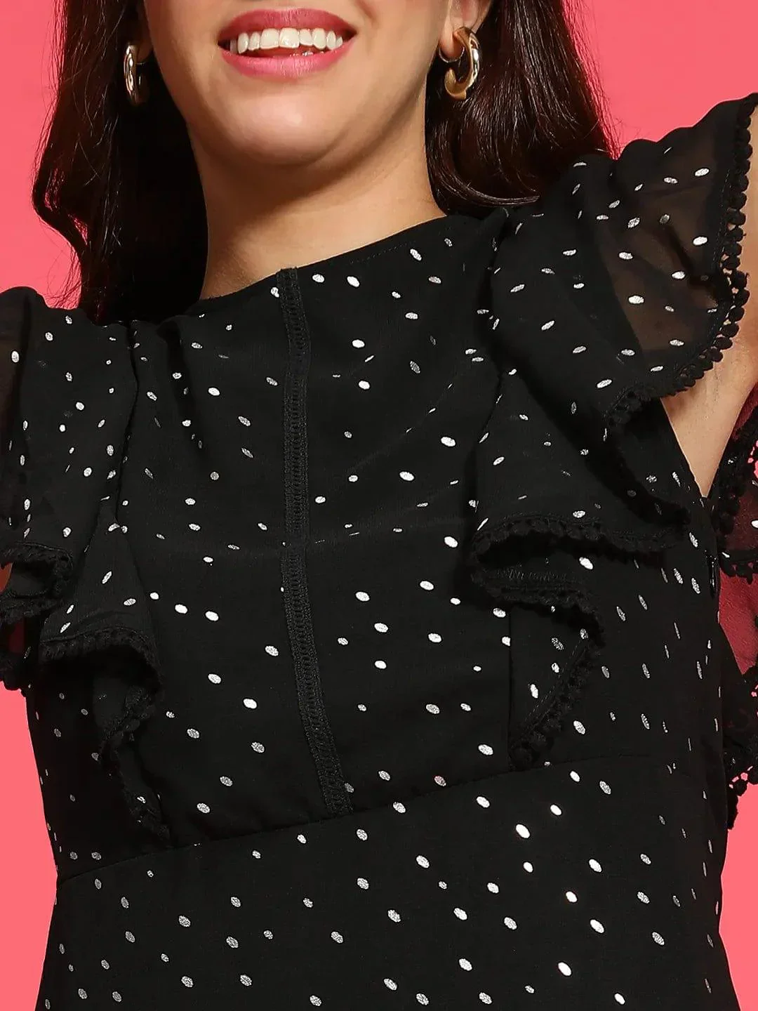 Glitter Black Short Sleeve Foil Print Knee Length Women Dress - Image 6