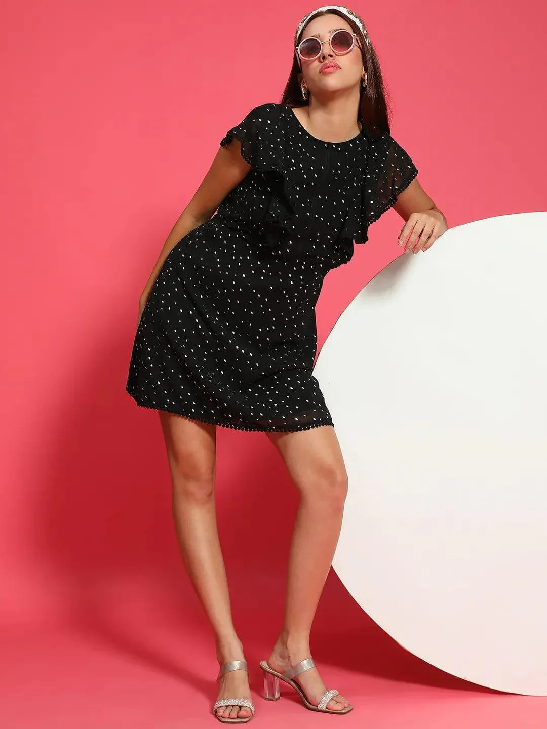 Glitter Black Short Sleeve Foil Print Knee Length Women Dress - Image 7