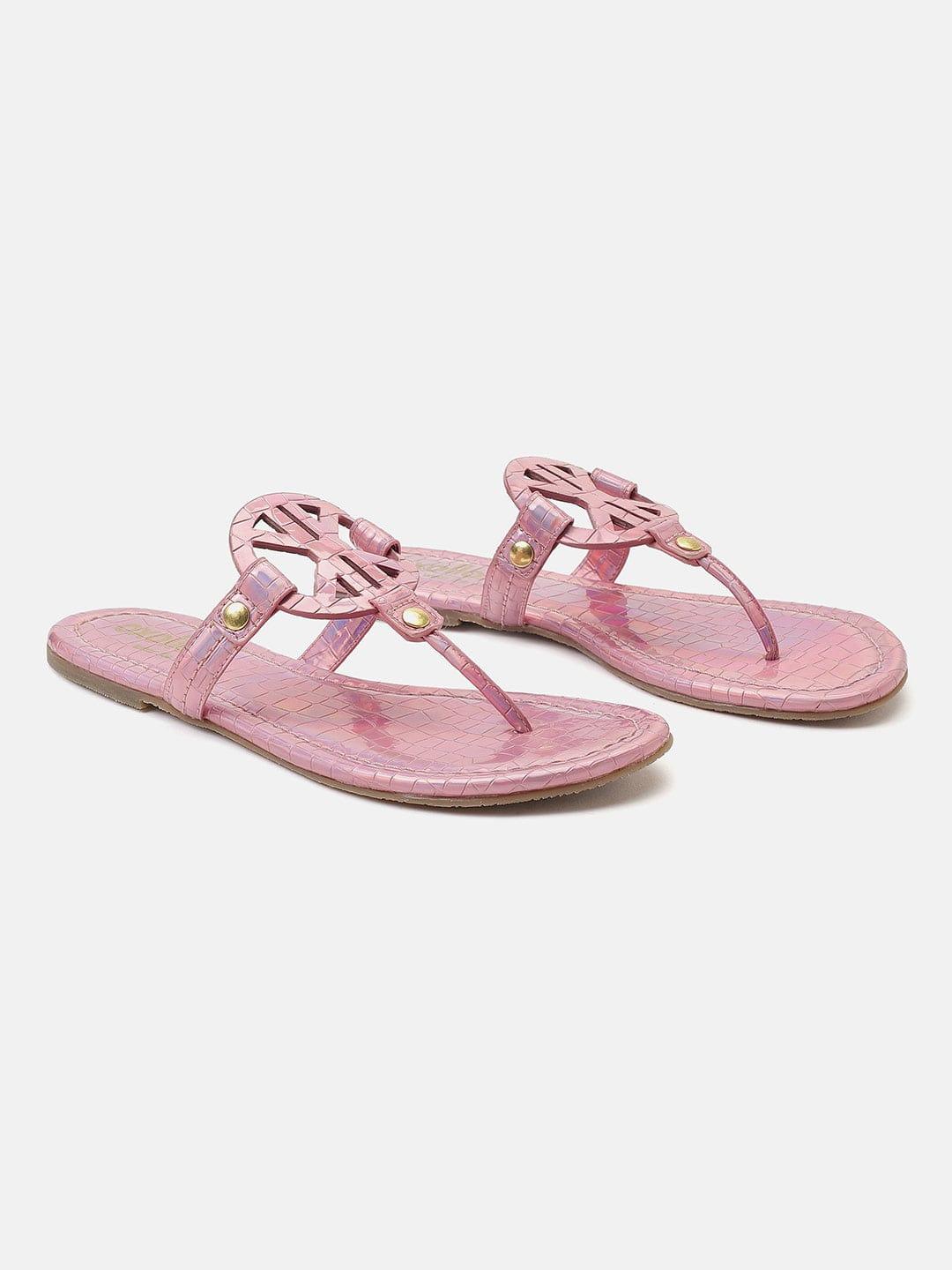 Glittery Textured Pink T-Shape Open Back Flat Sandals - Image 2