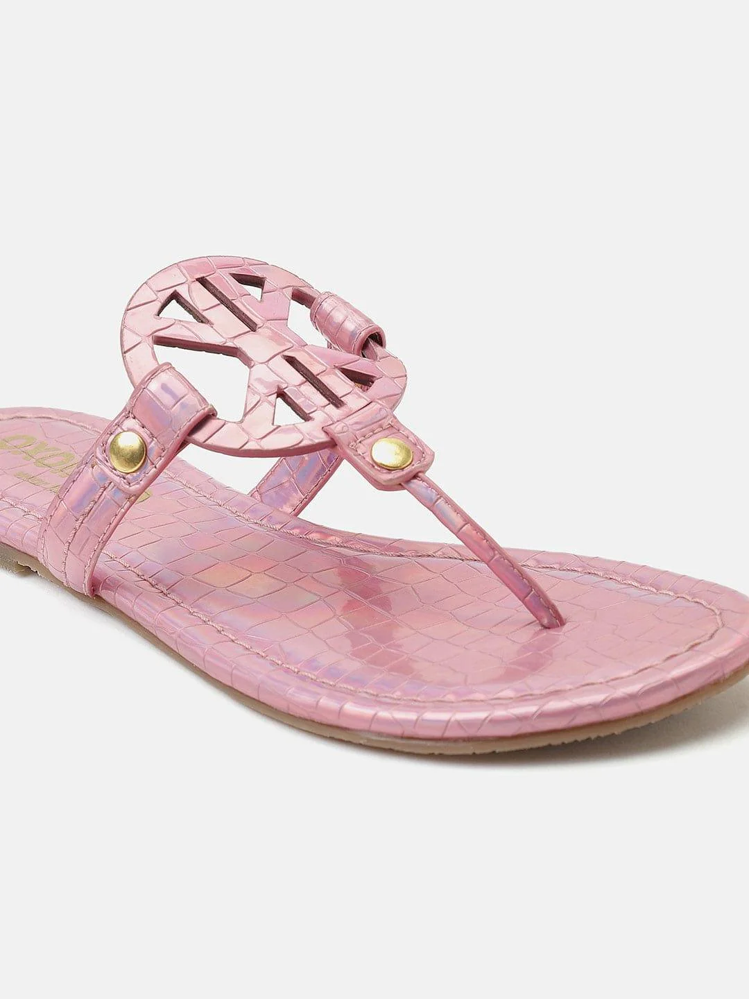 Glittery Textured Pink T-Shape Open Back Flat Sandals - Image 5