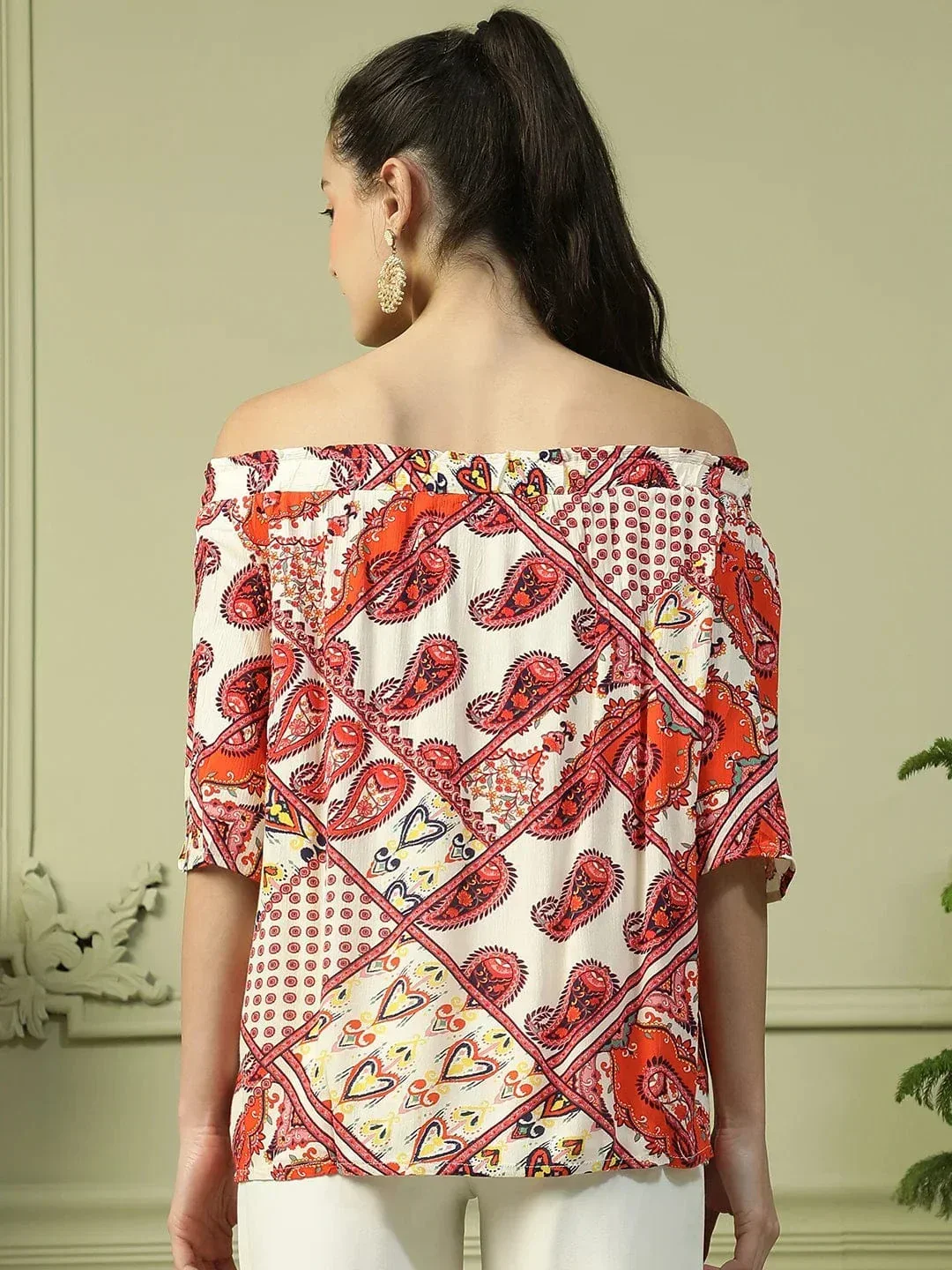 Glorious Red Floral Print 3/4 Sleeve Women Off-Shoulder Top - Image 5