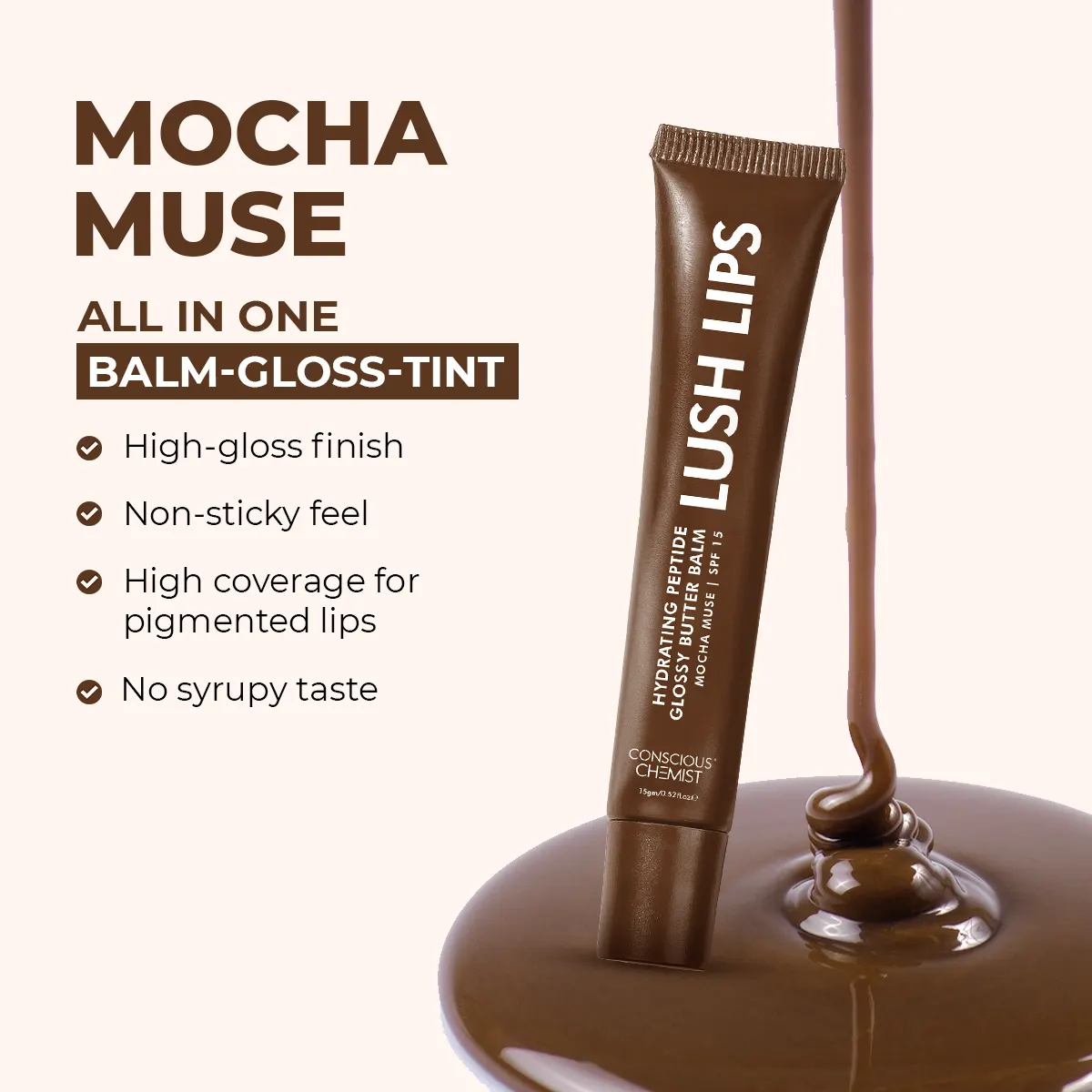 Glossy Peptide Lip Balm | Mocha Muse | Hydrates & Plumps | Lush Lips - 15 Gms - Image 2