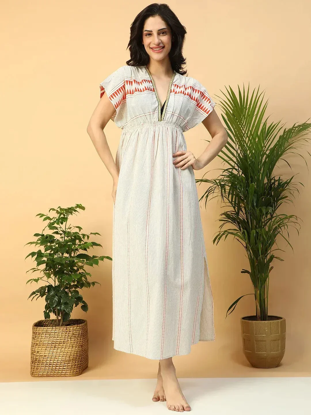 Glowin Beige Elasticated V-Neck Short Sleeve Women Beachwear Cotton Dress - Image 3