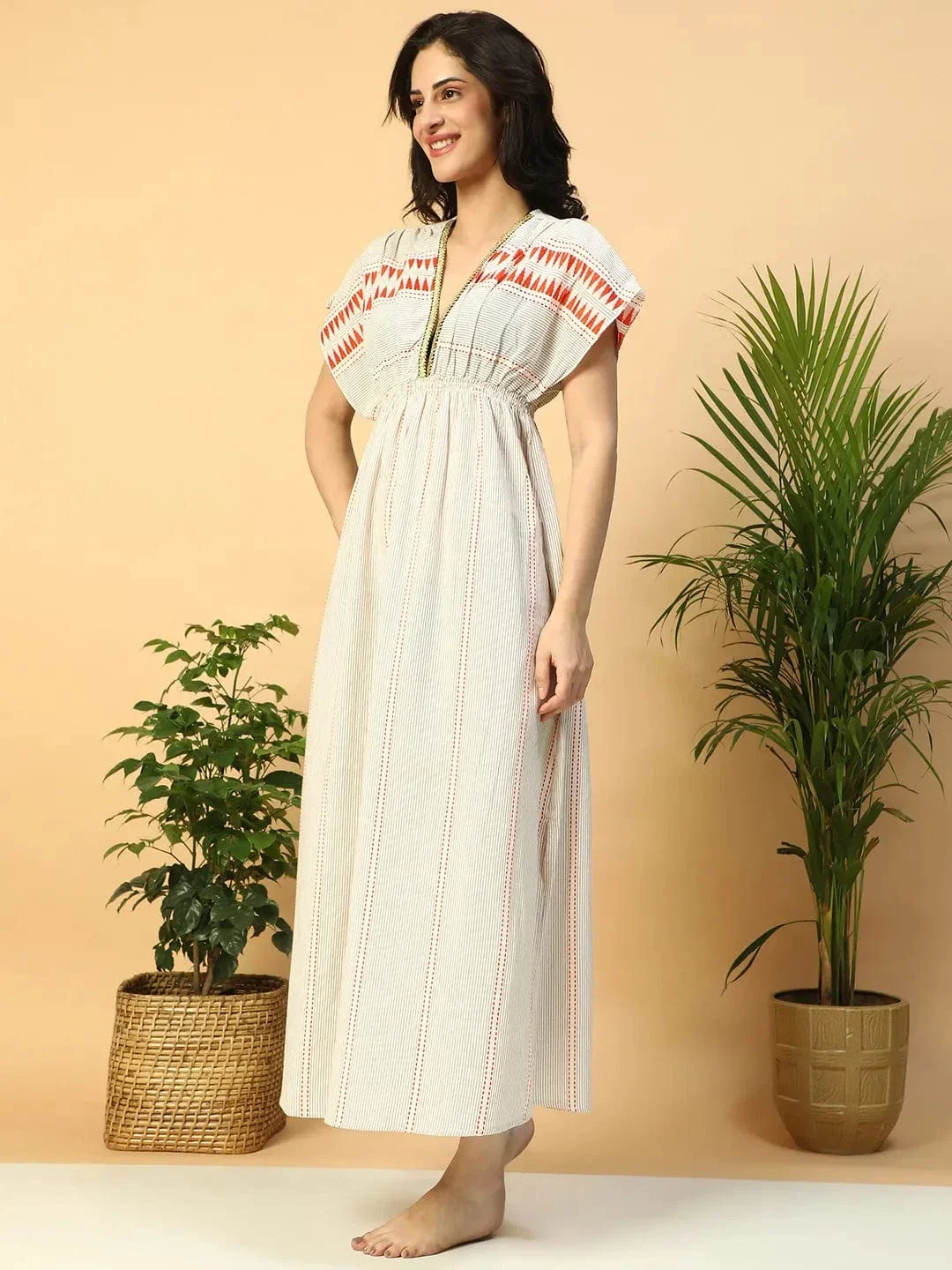 Glowin Beige Elasticated V-Neck Short Sleeve Women Beachwear Cotton Dress - Image 4
