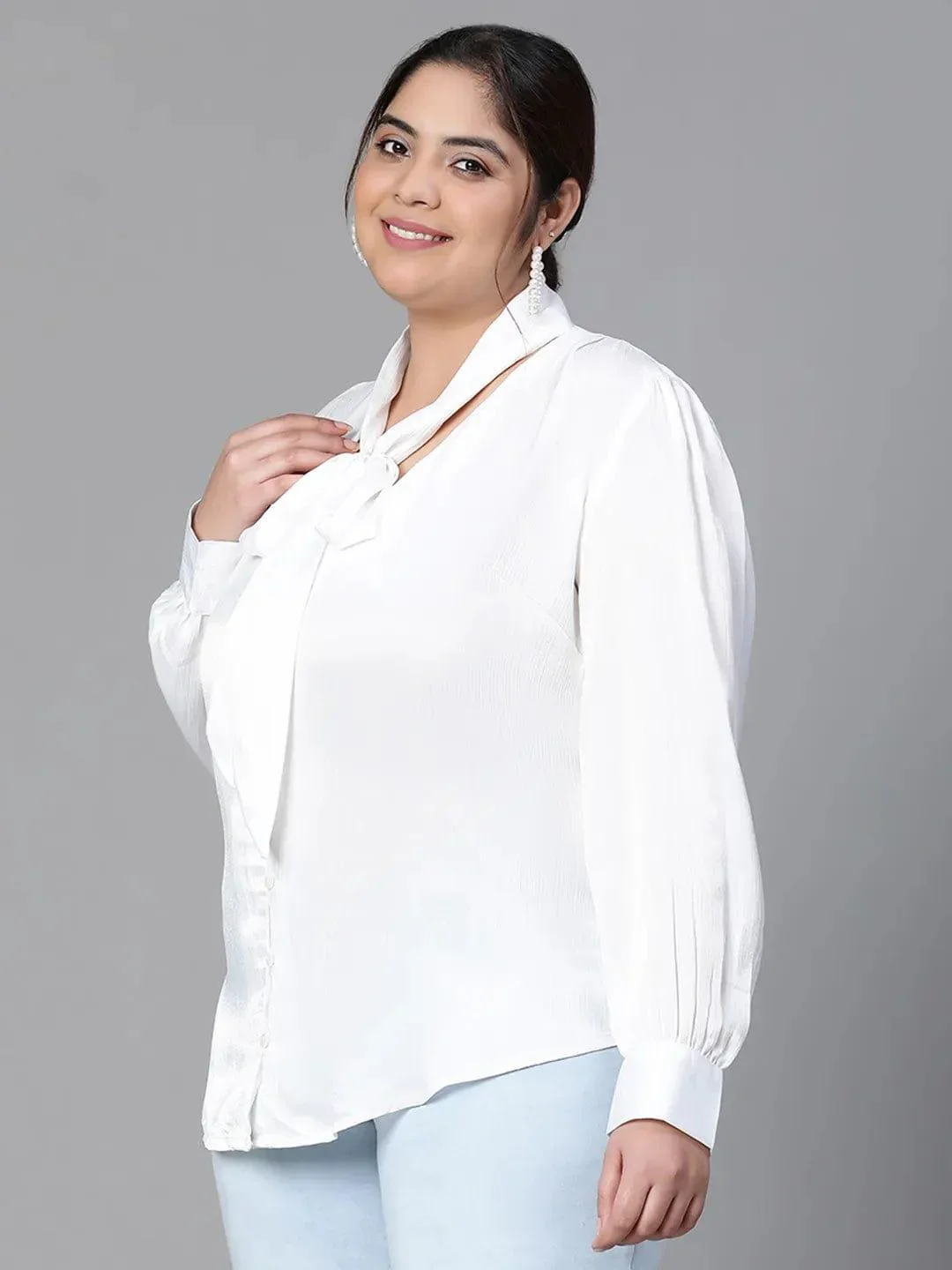 Glowing White Tie-knot Style Long Sleeve Plus Size Women Loopy Top - Image 3