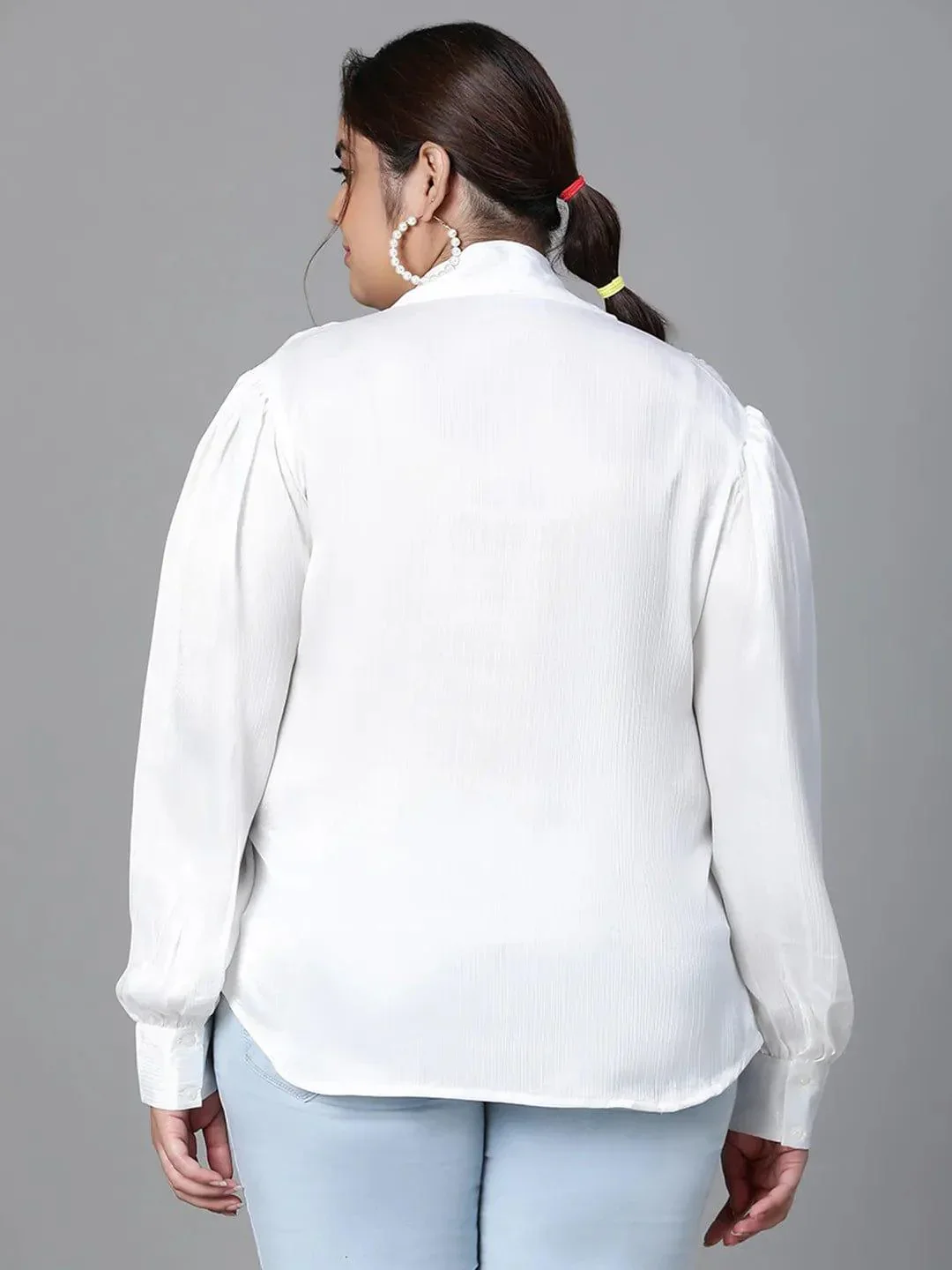 Glowing White Tie-knot Style Long Sleeve Plus Size Women Loopy Top - Image 4