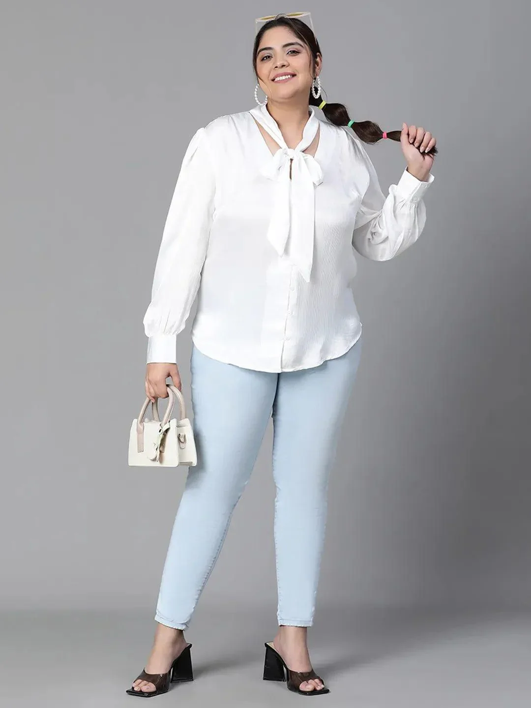 Glowing White Tie-knot Style Long Sleeve Plus Size Women Loopy Top - Image 7