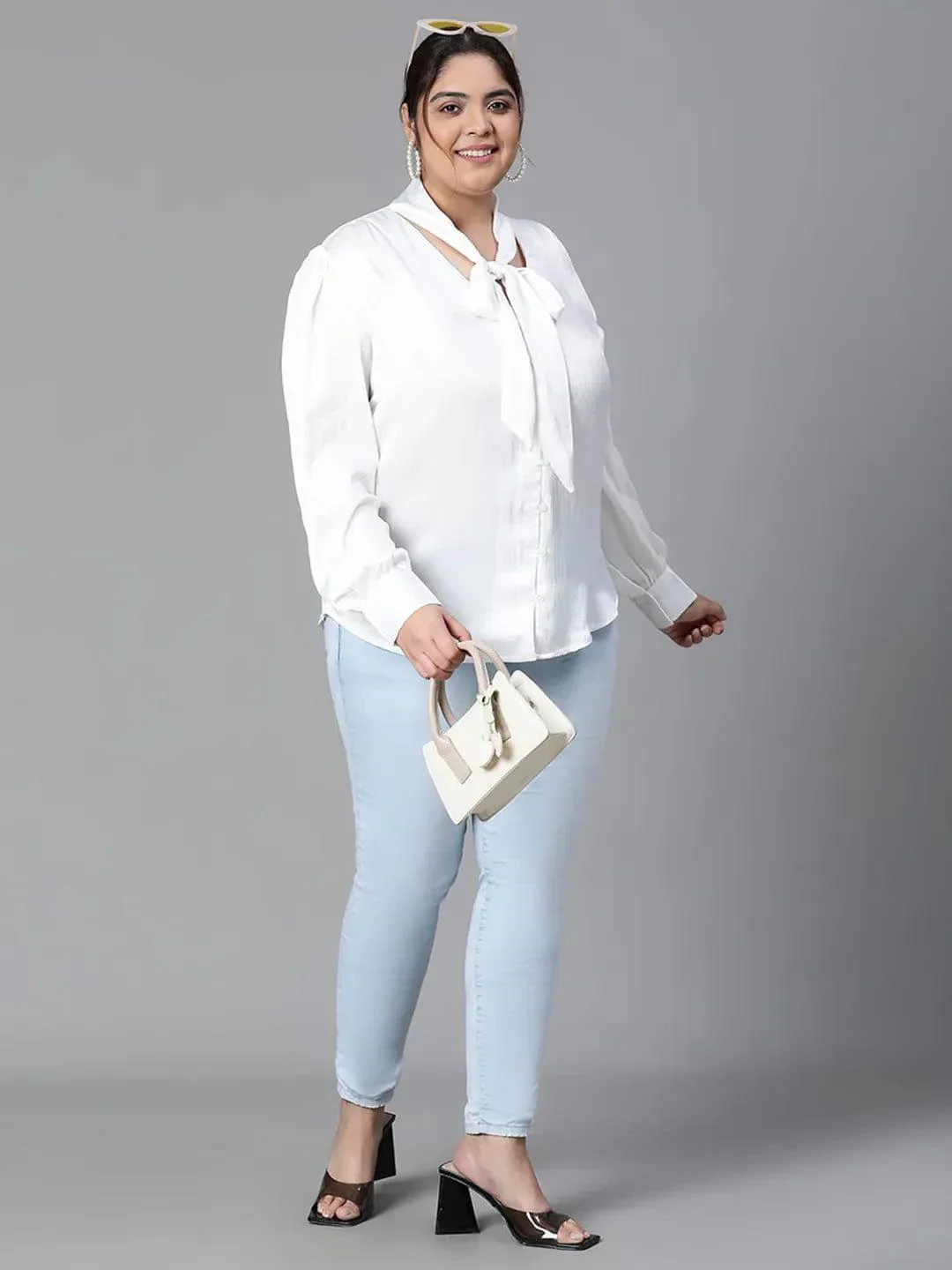 Glowing White Tie-knot Style Long Sleeve Plus Size Women Loopy Top - Image 8
