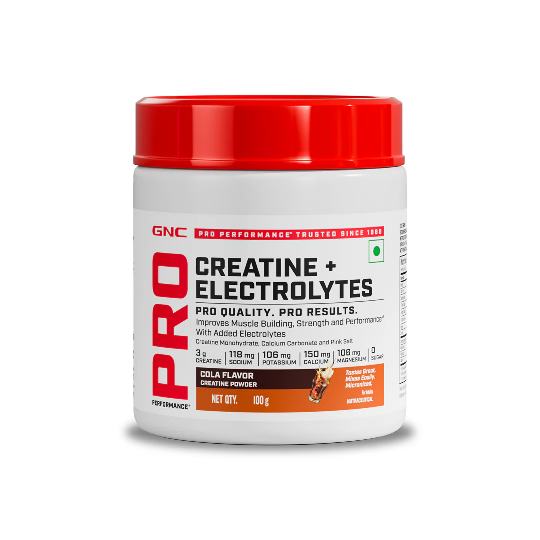 GNC Creatine+ Electrolytes | 3g Creatine Monohydrate + Sodium, Potassium, Calcium, Magnesium | Boosts Muscle Growth, Hydration, Energy & Recovery | Zero Sugar | 100% Veg | 100g | Cola