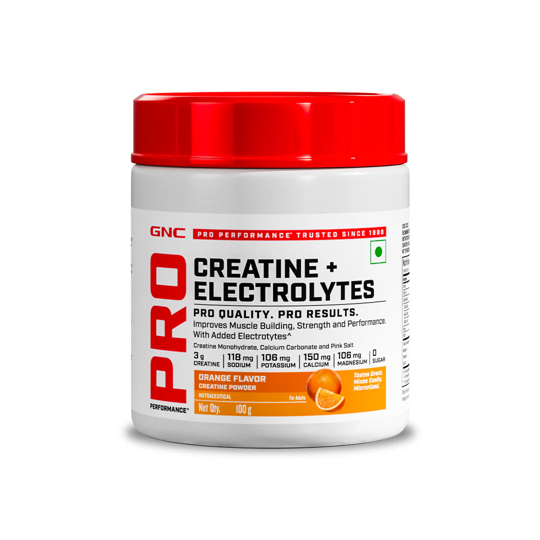 GNC Creatine+ Electrolytes | 3g Creatine Monohydrate + Sodium, Potassium, Calcium, Magnesium | Boosts Muscle Growth, Hydration, Energy & Recovery | Zero Sugar | 100% Veg | 100g | Orange - Image 16