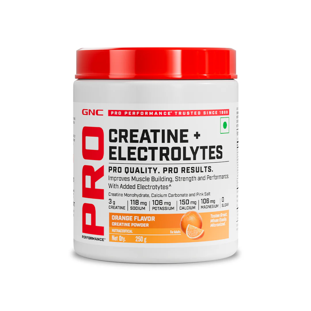 GNC Creatine+ Electrolytes | 3g Creatine Monohydrate + Sodium, Potassium, Calcium, Magnesium | Boosts Muscle Growth, Hydration, Energy & Recovery | Zero Sugar | 100% Veg | 250g | Orange
