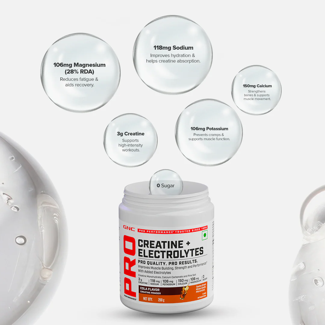 GNC Creatine+ Electrolytes | 3g Creatine Monohydrate + Sodium, Potassium, Calcium, Magnesium | Boosts Muscle Growth, Hydration, Energy & Recovery | Zero Sugar | 100% Veg | 250g | Orange - Image 6