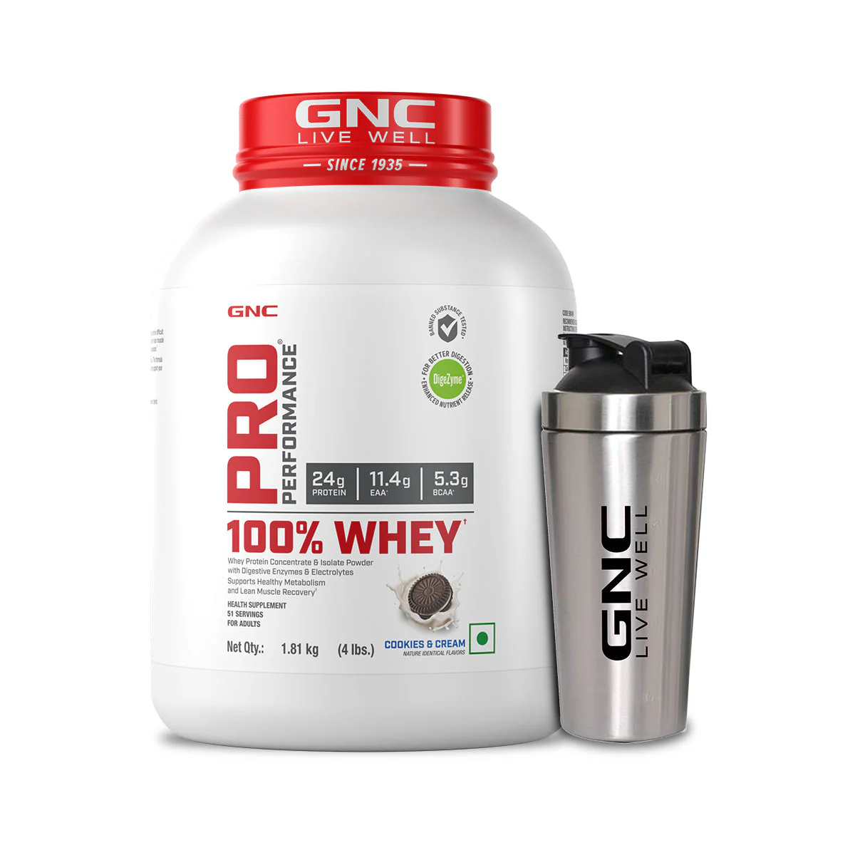 GNC Pro Performance 100% Whey Protein Powder & Steel Shaker (Cookie & Cream, 4 lbs with Steel Shaker)