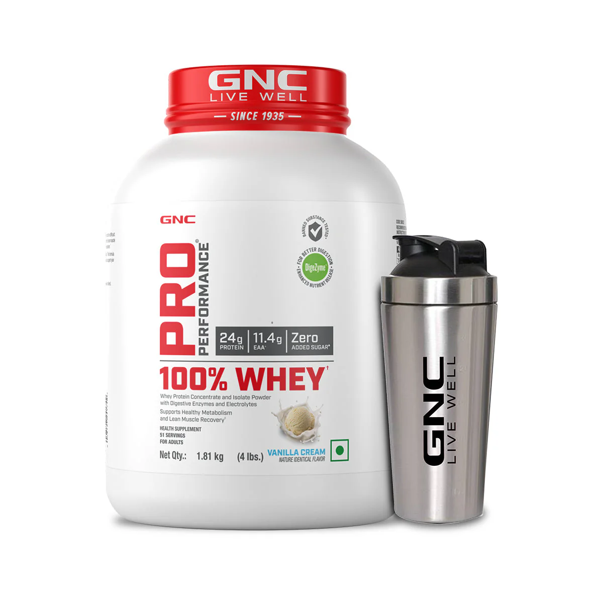 GNC Pro Performance 100% Whey Protein Powder & Steel Shaker (Vanilla Cream, 4 lbs with Shaker) - Image 24