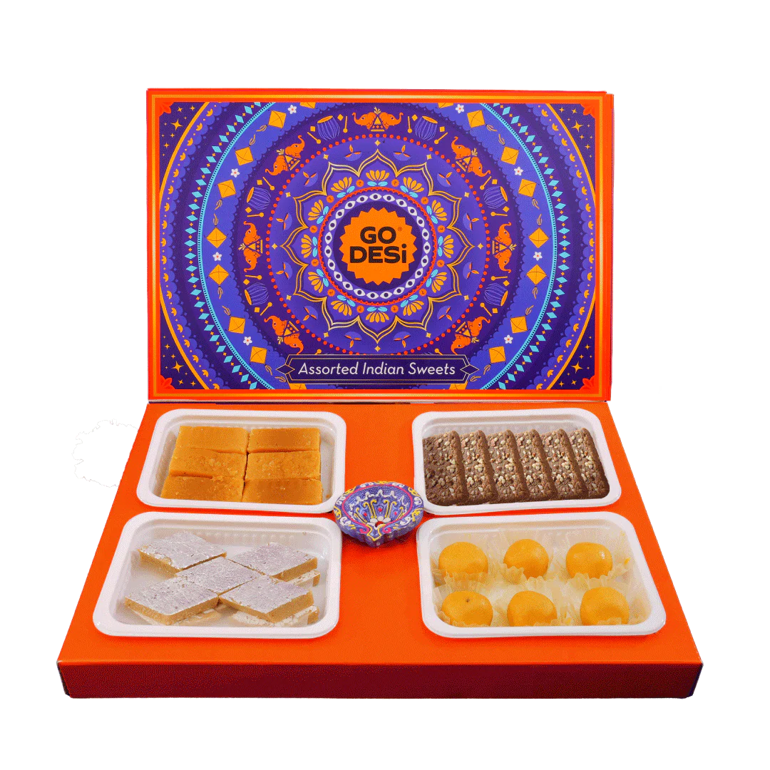 GO DESi - Assorted Meetha Diwali Gift Box | Diwali Diya | Kaju Katli | Besan Laddoo | Mysore Pak | Badam Coconut Barfi
