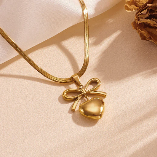 Gold Plated Anti Tarnish Bow Knot Heart Themed Pendant - Image 2