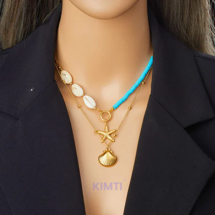 Gold Scallop Double Layer Starfish Pearl Pendant Anti Tarnish Necklace - Image 2