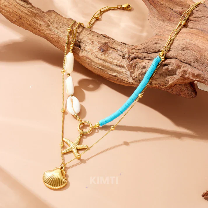 Gold Scallop Double Layer Starfish Pearl Pendant Anti Tarnish Necklace - Image 3