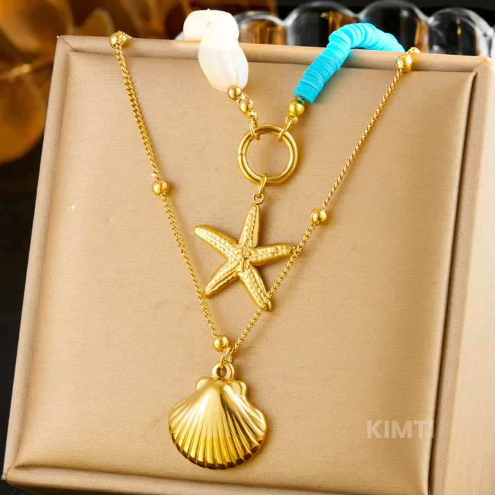 Gold Scallop Double Layer Starfish Pearl Pendant Anti Tarnish Necklace - Image 4