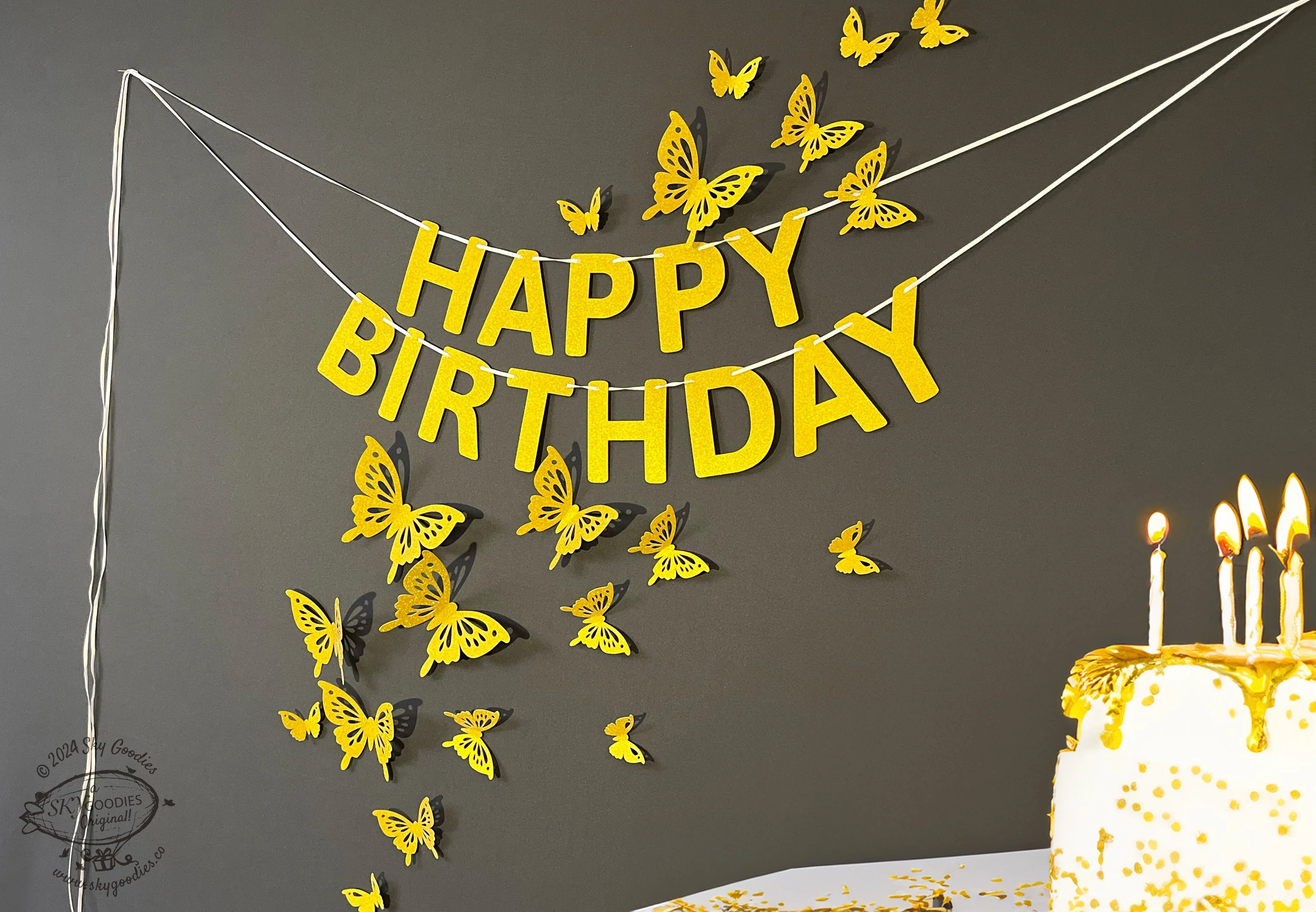 Golden Butterflies and Happy Birthday Paper Party Decor - Image 2