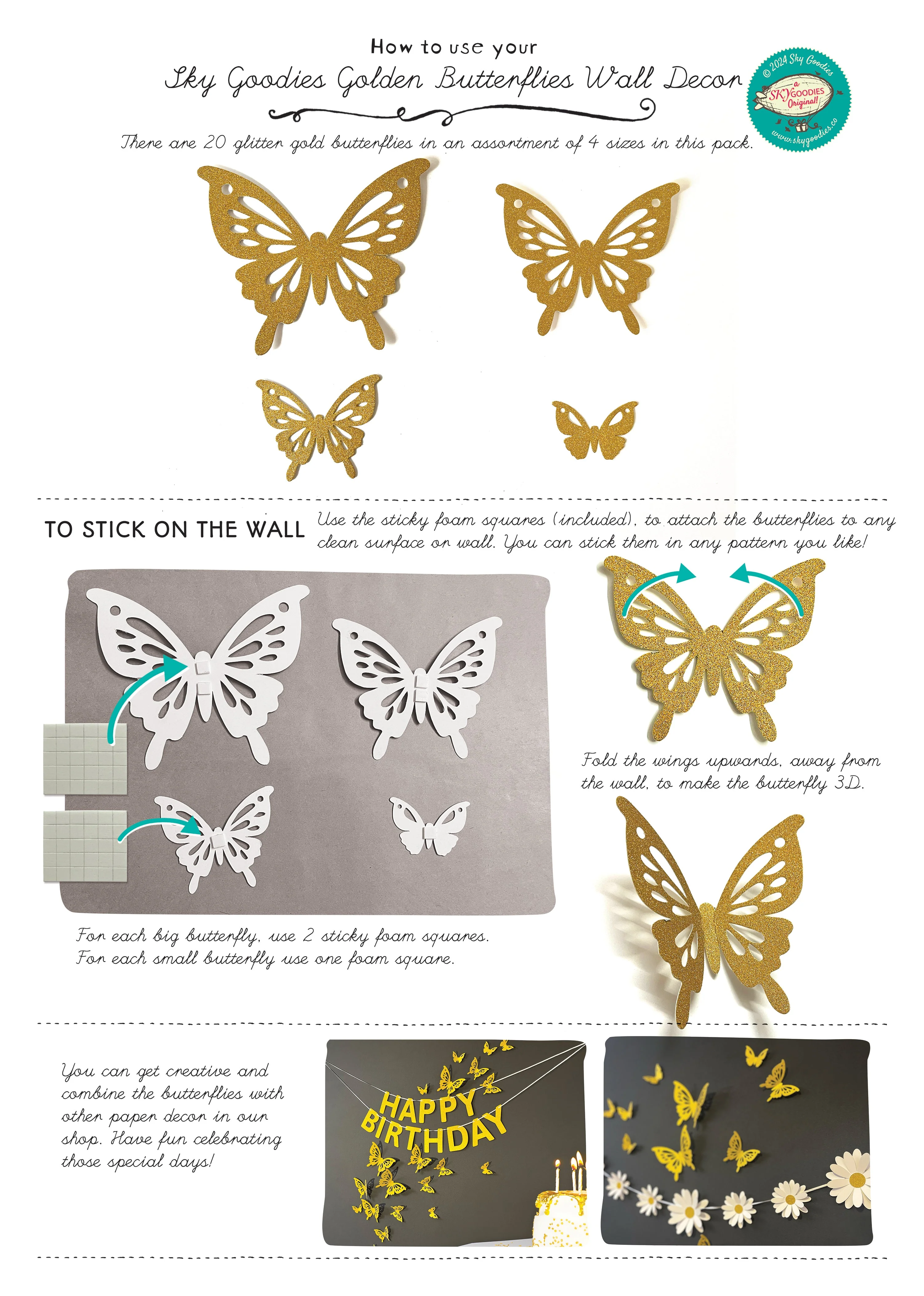 Golden Butterflies and Happy Birthday Paper Party Decor - Image 8