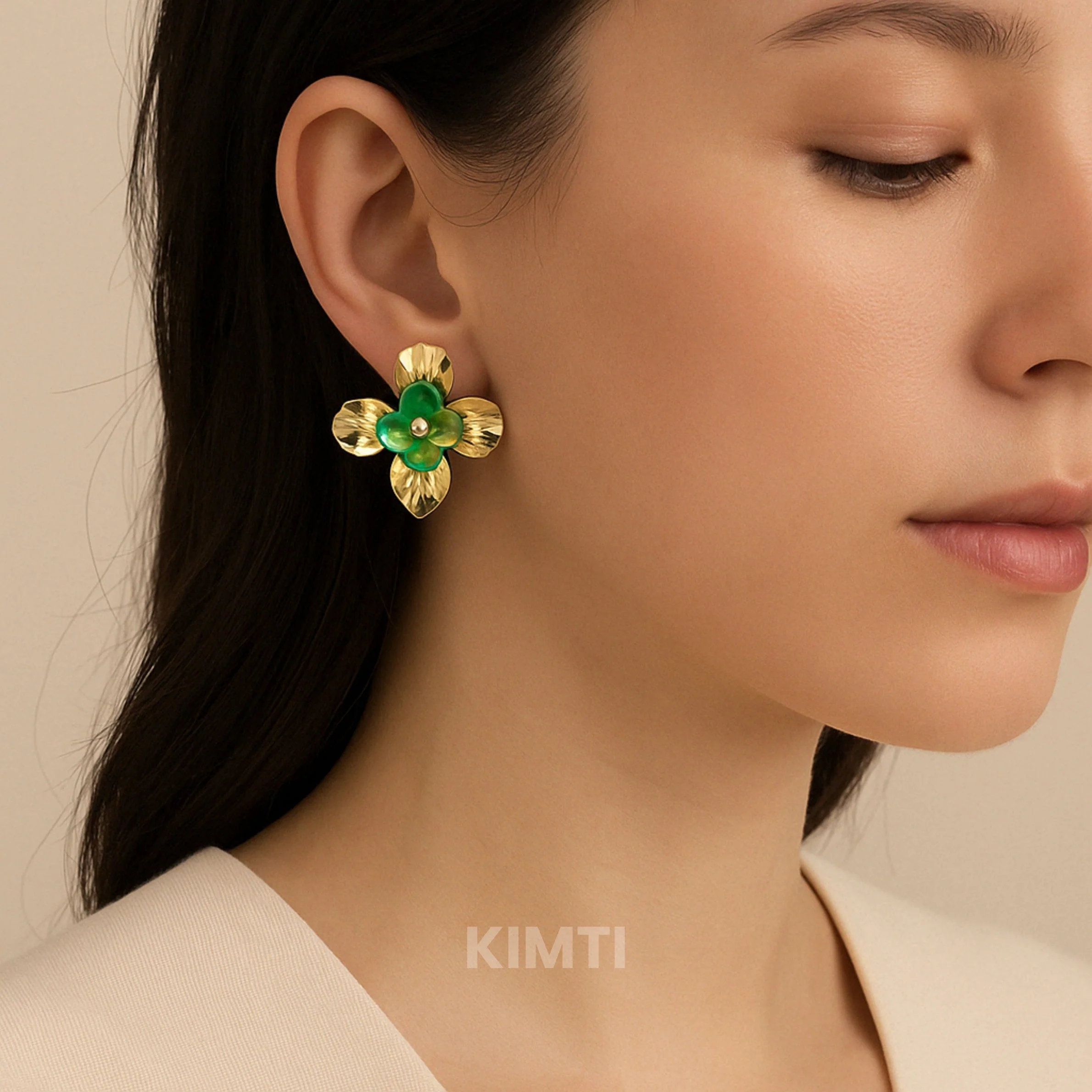 Golden Green Flower Golden Stud Earring - Image 2