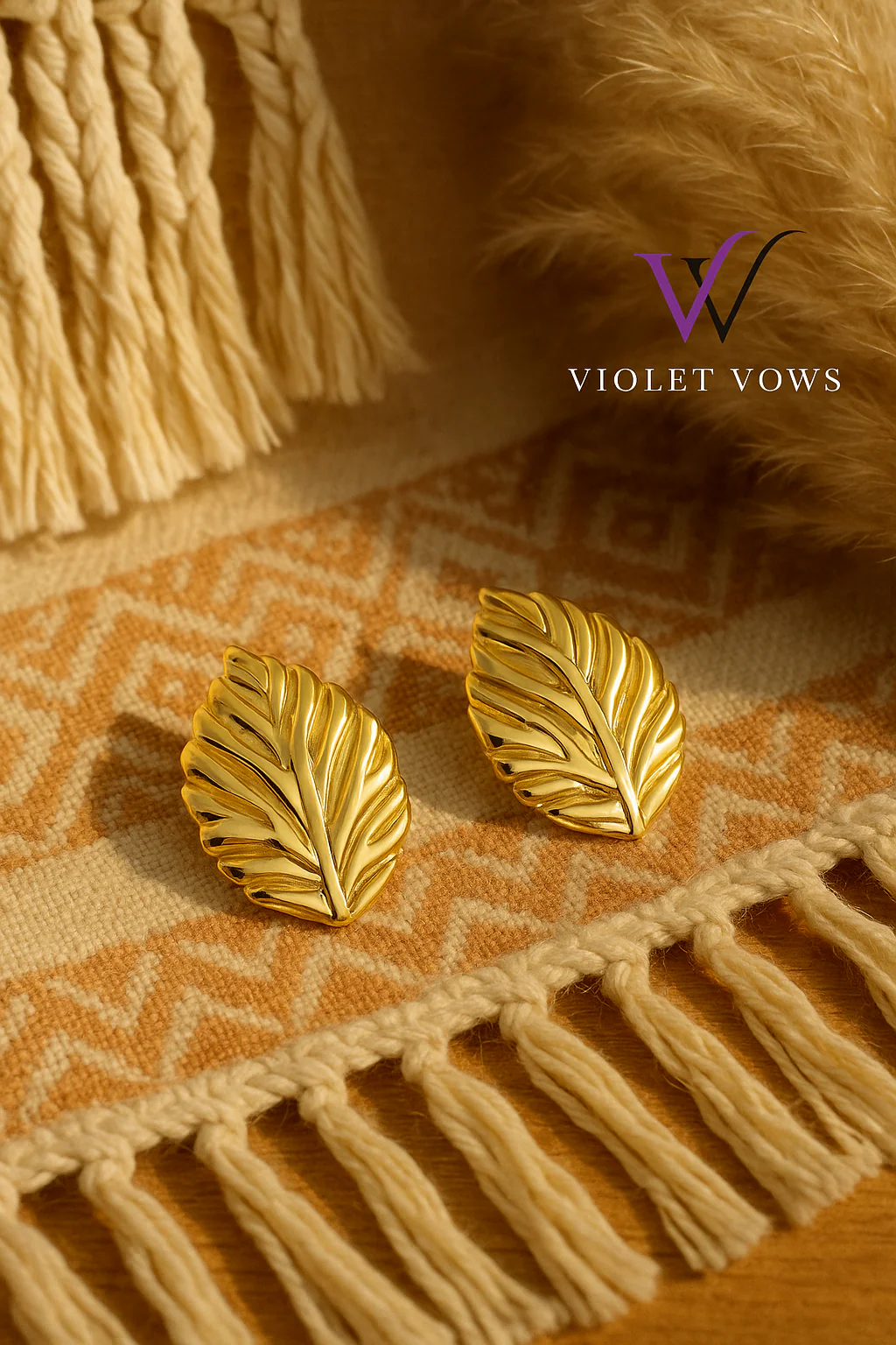 Golden Leaf Earrings - Elegant Botanical Statement Studs - Image 2