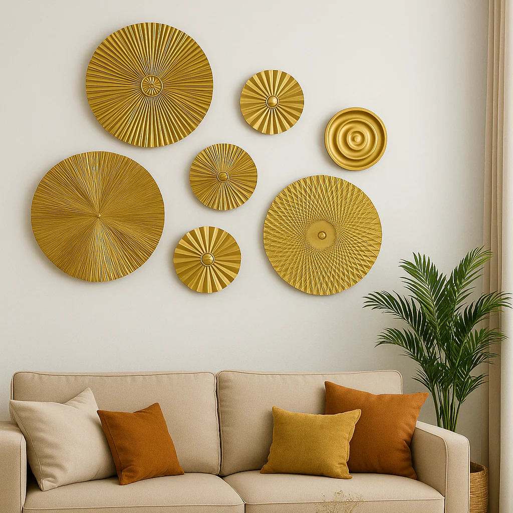 Golden Metal Wall Plate Set – 7 Round Decorative Wall Hangings for Bedroom, Living Room & Hall - Image 3