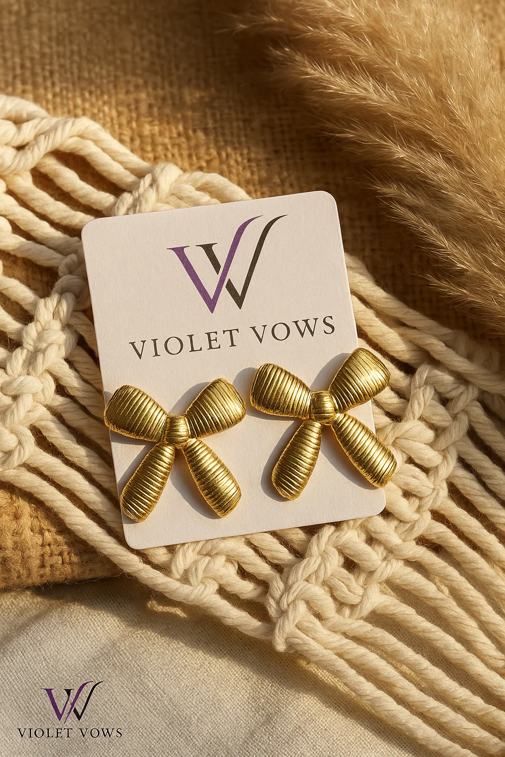 Golden Ribbed Bow Studs - Image 2