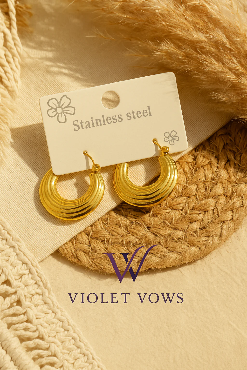 Golden Ribbed Crescent Hoops - Statement Everyday Earrings - Image 2