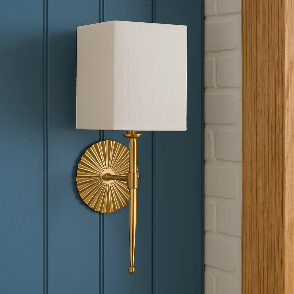 Golden Wall Light with White Fabric Shade - Image 2