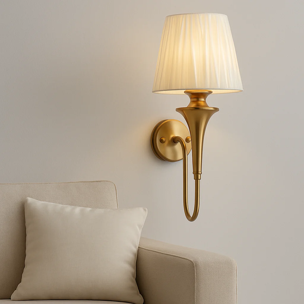 Golden Wall Mounted Lamp with Fabric Shade – Classic Brass Finish - Image 2