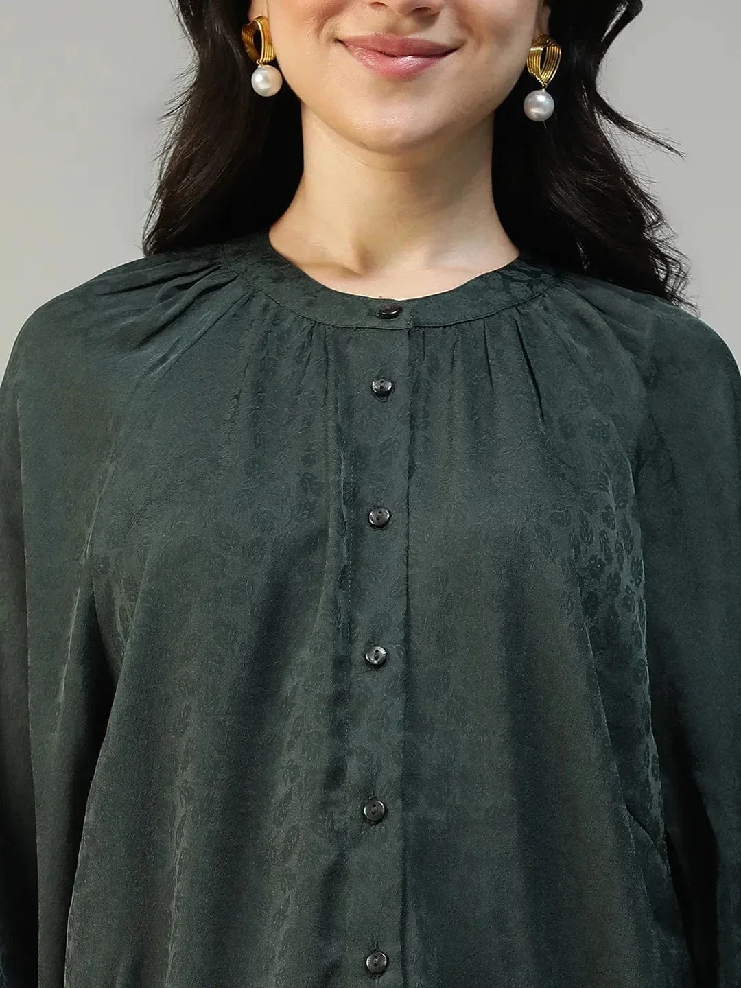 Green Button Down Top - Women's Casual Long Sleeve Blouse With Round Neck - Image 6