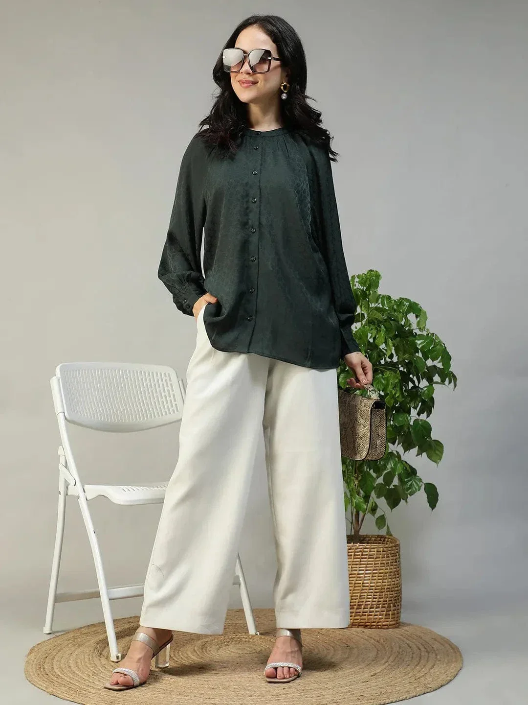 Green Button Down Top - Women's Casual Long Sleeve Blouse With Round Neck - Image 7