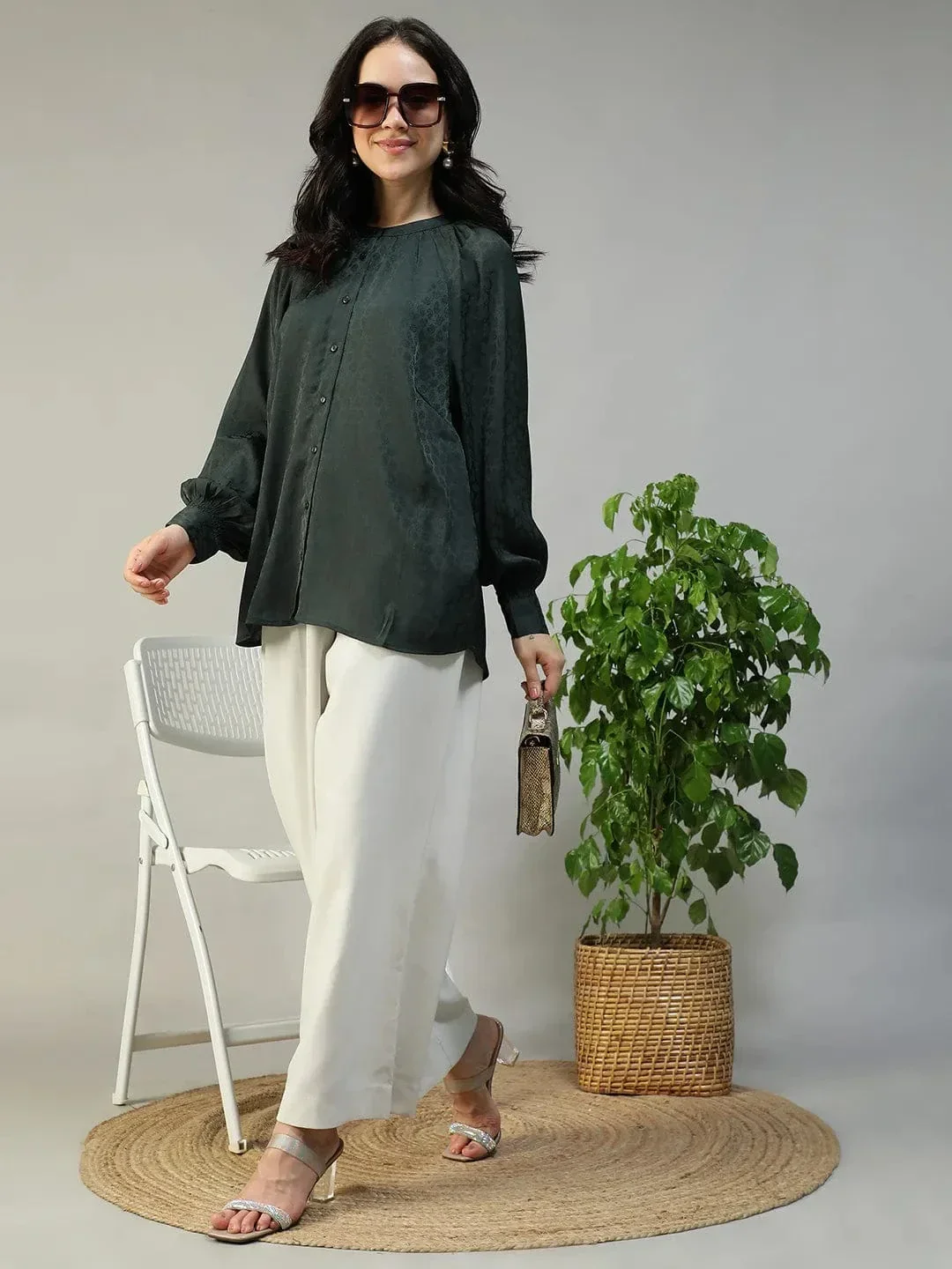 Green Button Down Top - Women's Casual Long Sleeve Blouse With Round Neck - Image 8